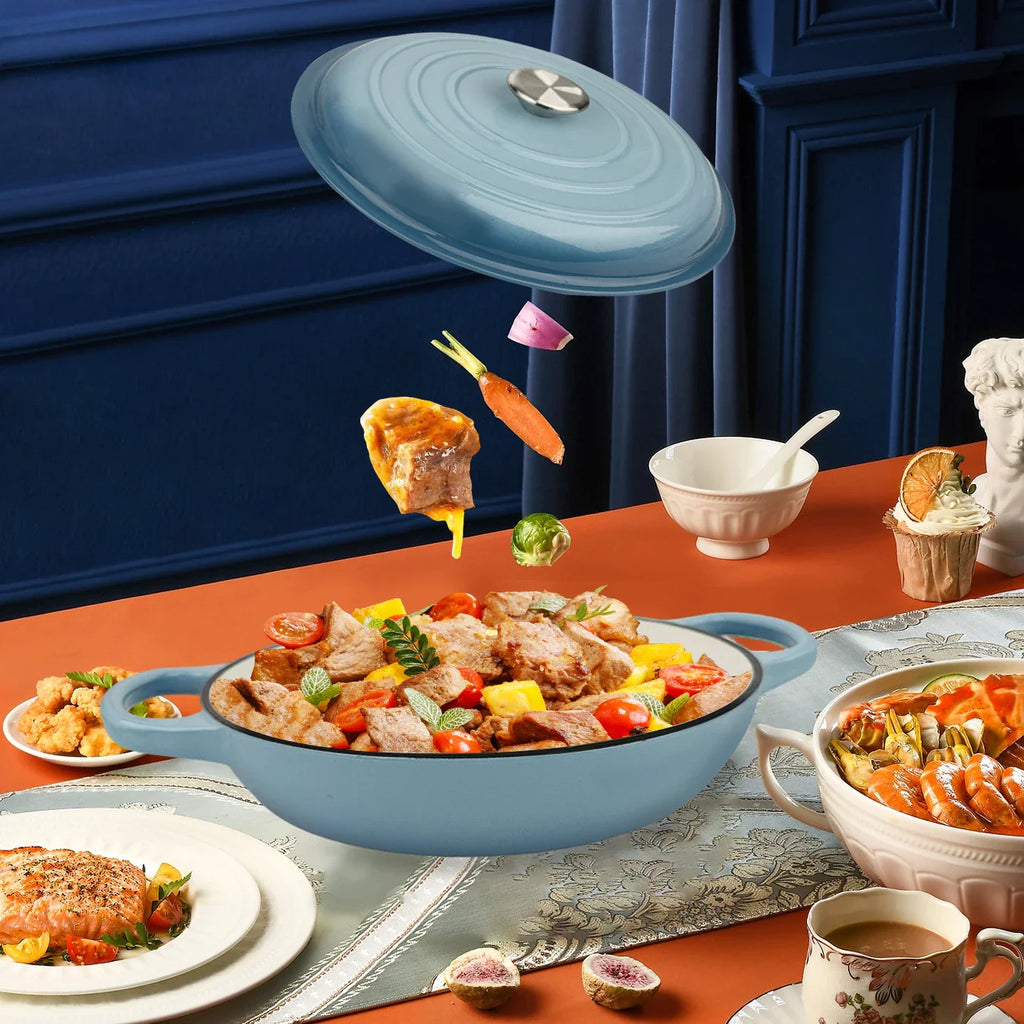 Oval Enameled Cast Iron Dutch Oven- Heavy Pot with Lid, 2.5 QT, Double Handle, Red and Blue