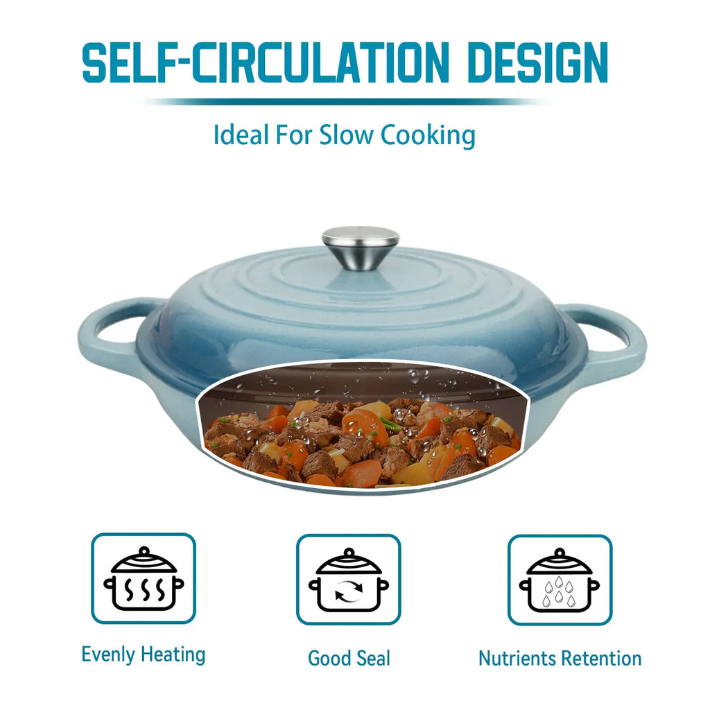 Oval Enameled Cast Iron Dutch Oven- Heavy Pot with Lid, 2.5 QT, Double Handle, Red and Blue