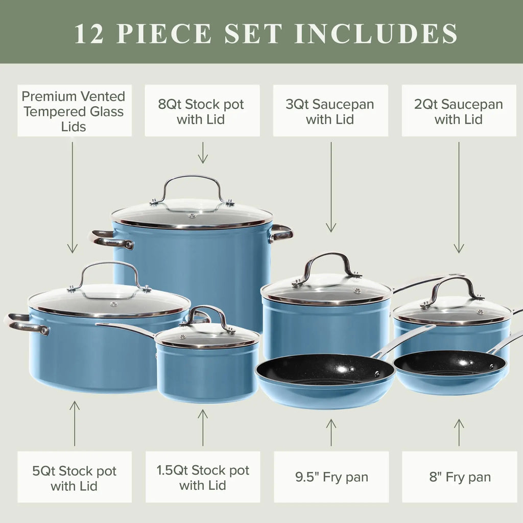 New Blue Ceramic Nonstick Cookware Set, Diamond Infused Scratch-Resistant, PFAS Free, Dishwasher & Oven Safe
