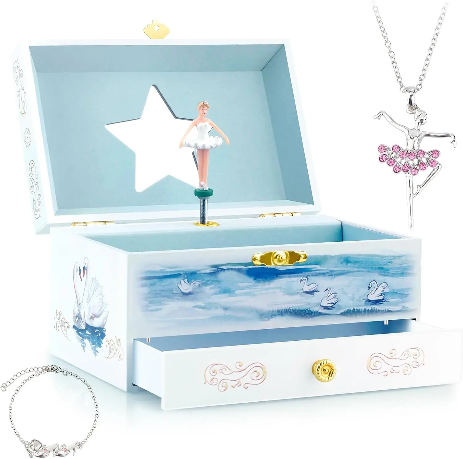 Musical Jewelry Box with Drawer & Ballerina Theme â€?Swan Lake Tune, Pink
