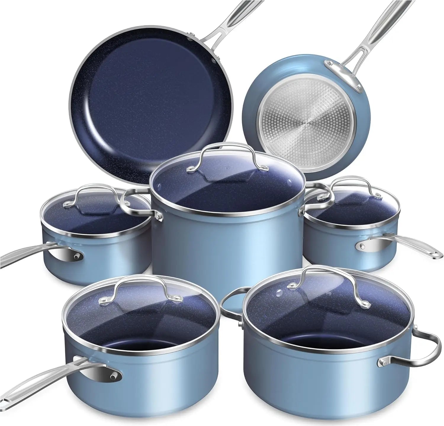 New Blue Ceramic Nonstick Cookware Set, Diamond Infused Scratch-Resistant, PFAS Free, Dishwasher & Oven Safe
