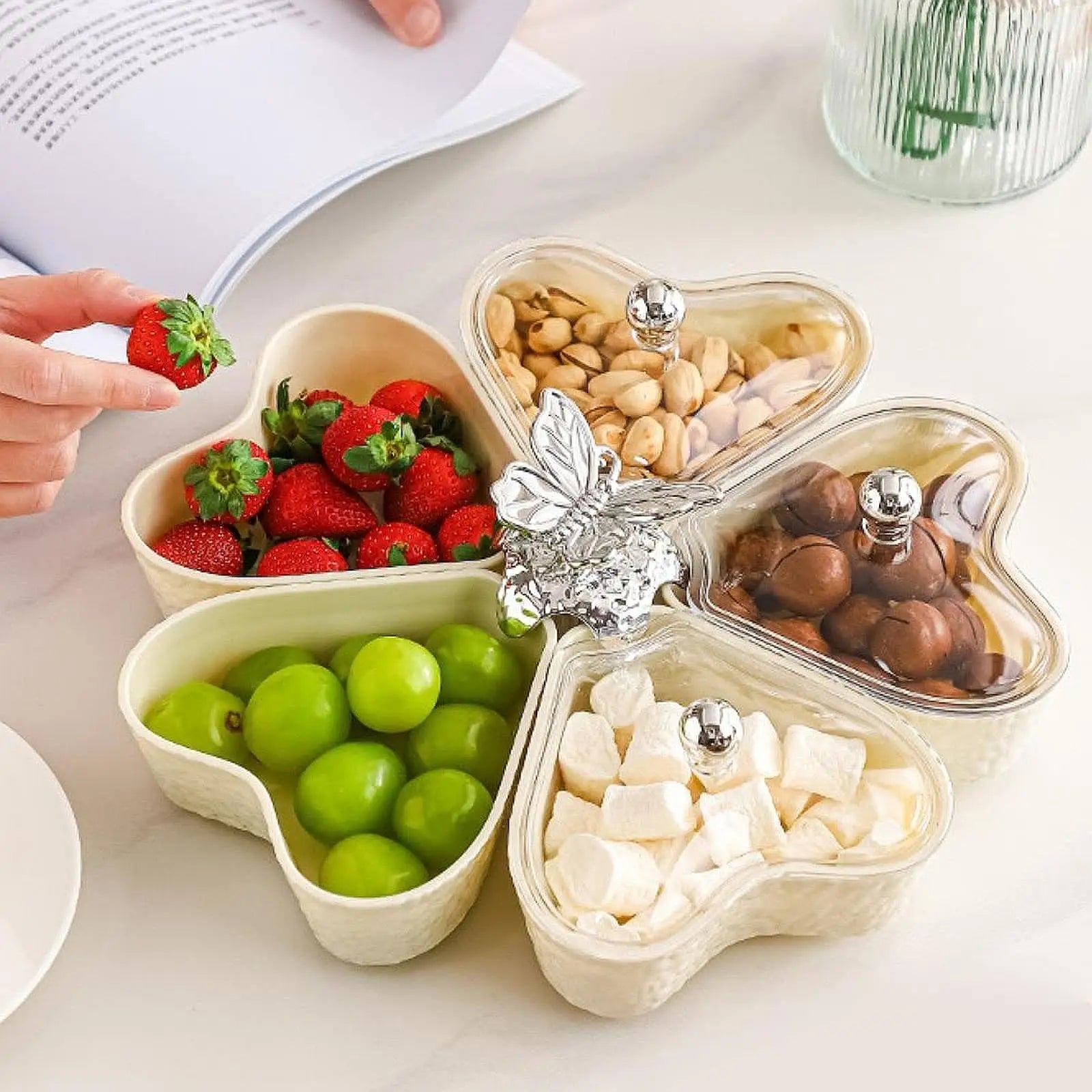 Divided Serving Tray Fruit Plate Organizer Nut Candy Veggie Tray Rotating Snack Platter for Candy Nuts Sweets Fruit Tea Party