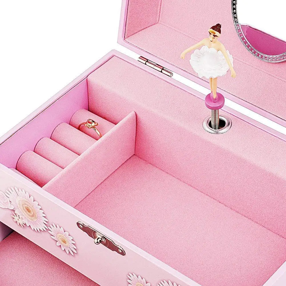 Musical Jewelry Box with Drawer & Ballerina Theme â€?Swan Lake Tune, Pink