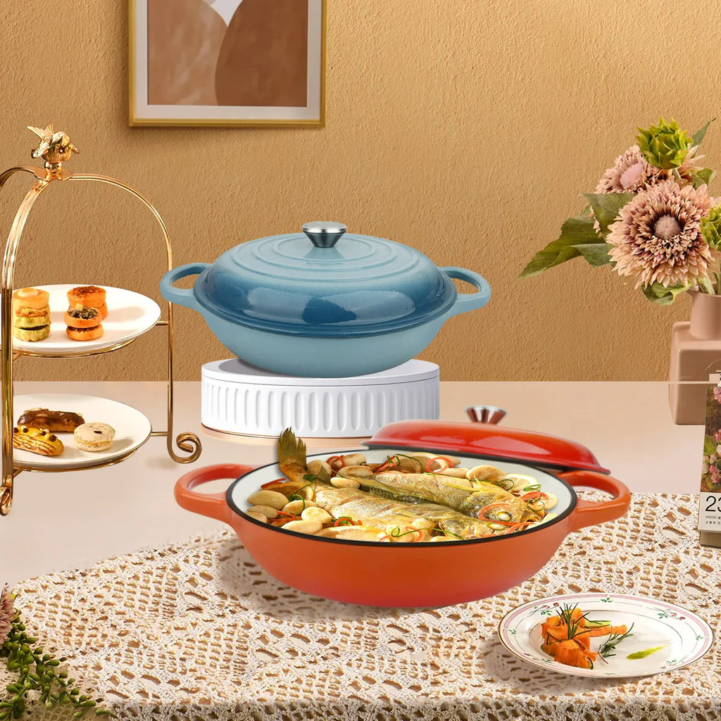 Oval Enameled Cast Iron Dutch Oven- Heavy Pot with Lid, 2.5 QT, Double Handle, Red and Blue