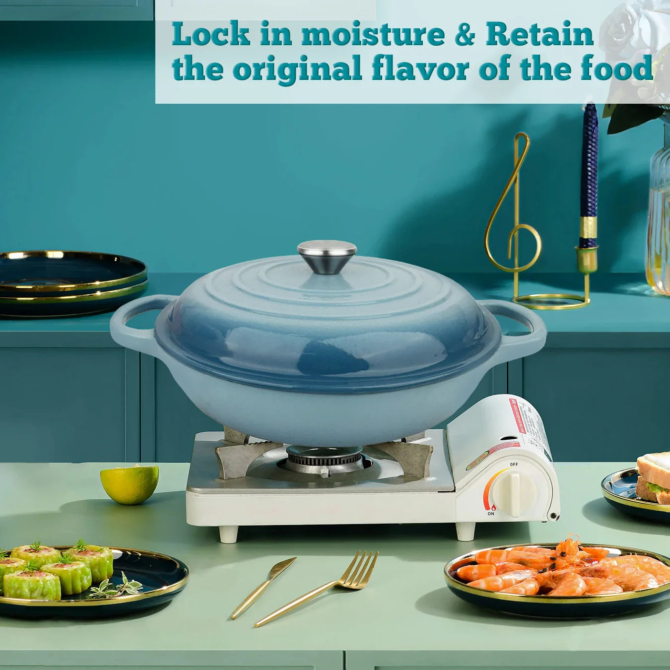 Oval Enameled Cast Iron Dutch Oven- Heavy Pot with Lid, 2.5 QT, Double Handle, Red and Blue