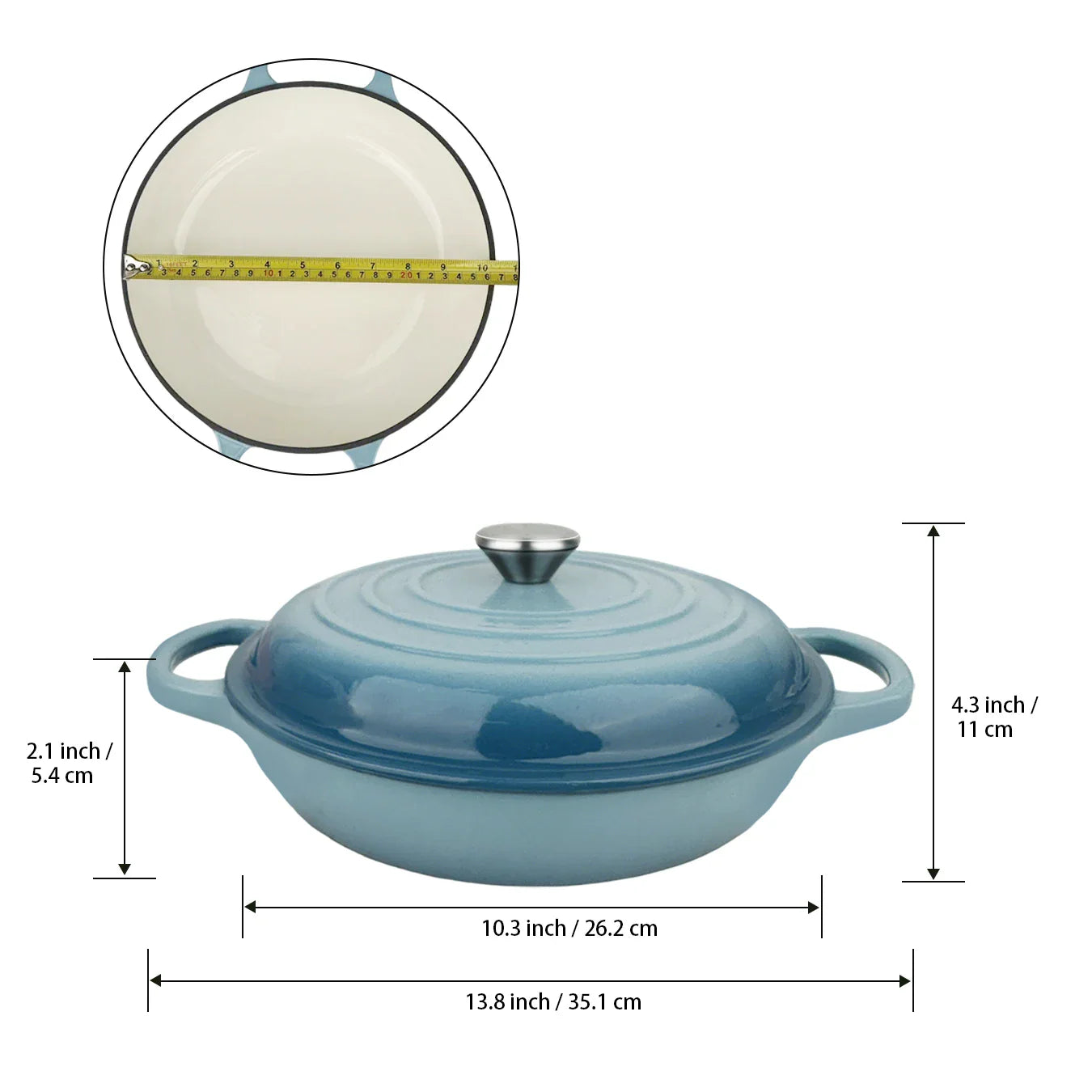 Oval Enameled Cast Iron Dutch Oven- Heavy Pot with Lid, 2.5 QT, Double Handle, Red and Blue