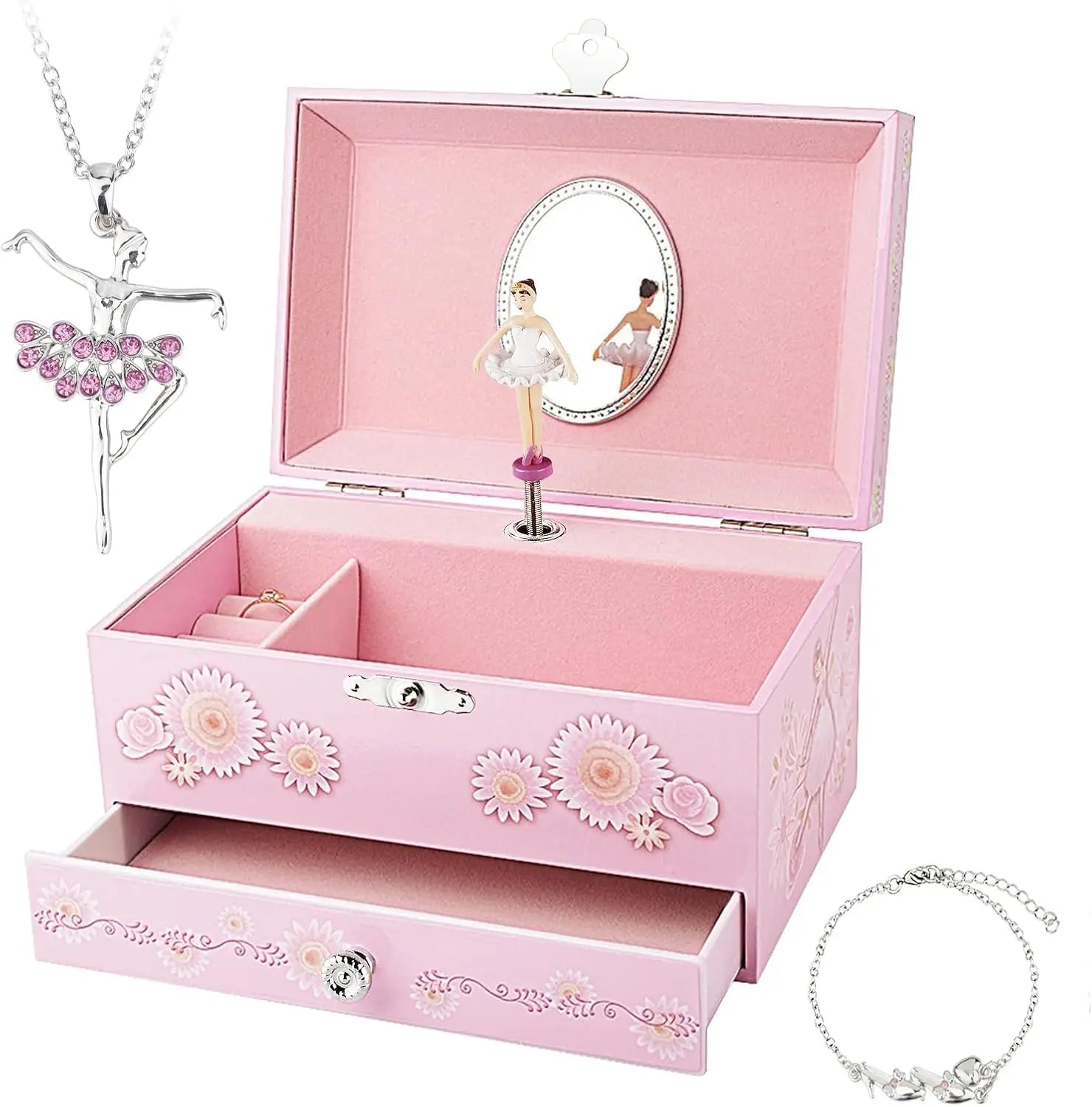 Musical Jewelry Box with Drawer & Ballerina Theme â€?Swan Lake Tune, Pink