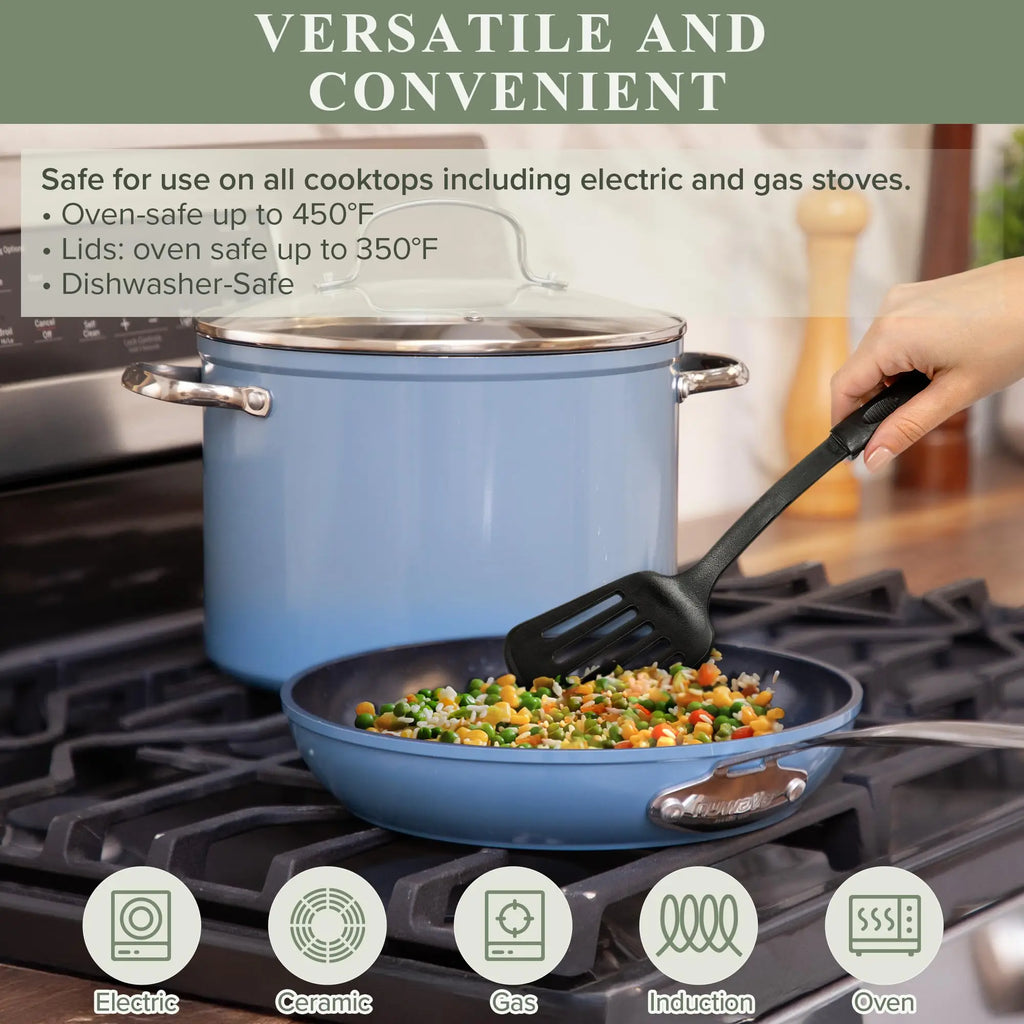 New Blue Ceramic Nonstick Cookware Set, Diamond Infused Scratch-Resistant, PFAS Free, Dishwasher & Oven Safe