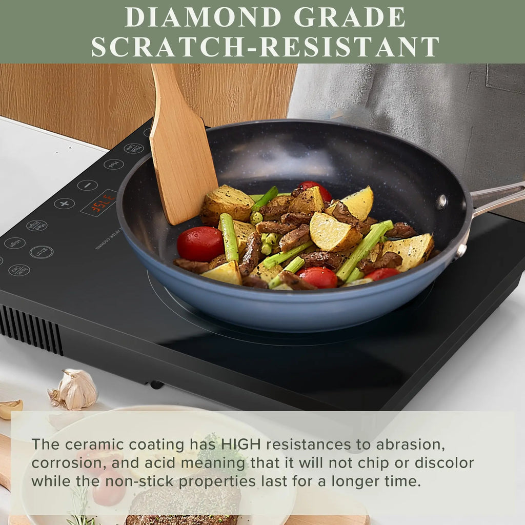 New Blue Ceramic Nonstick Cookware Set, Diamond Infused Scratch-Resistant, PFAS Free, Dishwasher & Oven Safe