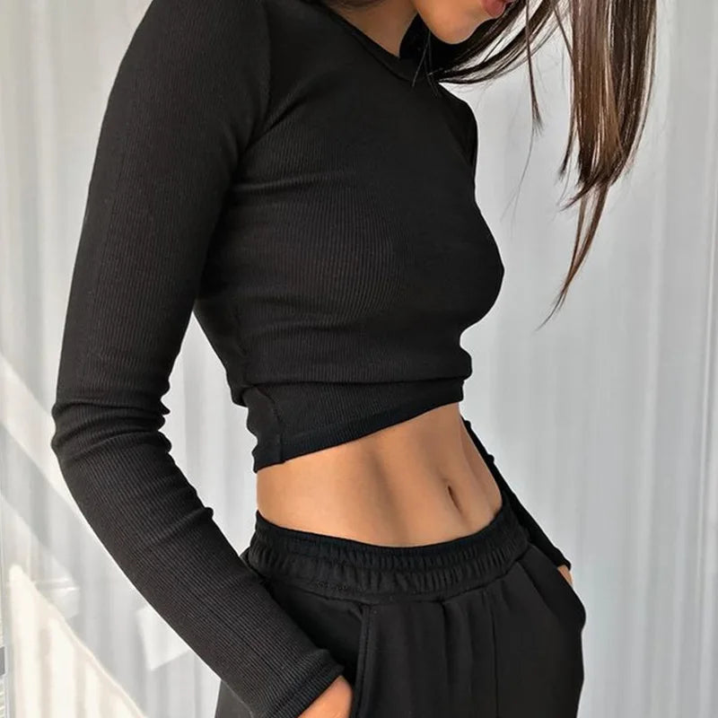 O Neck Long Sleeve Shirt Women Ribbed Sexy Cropped Tops Skinny Slim Basic