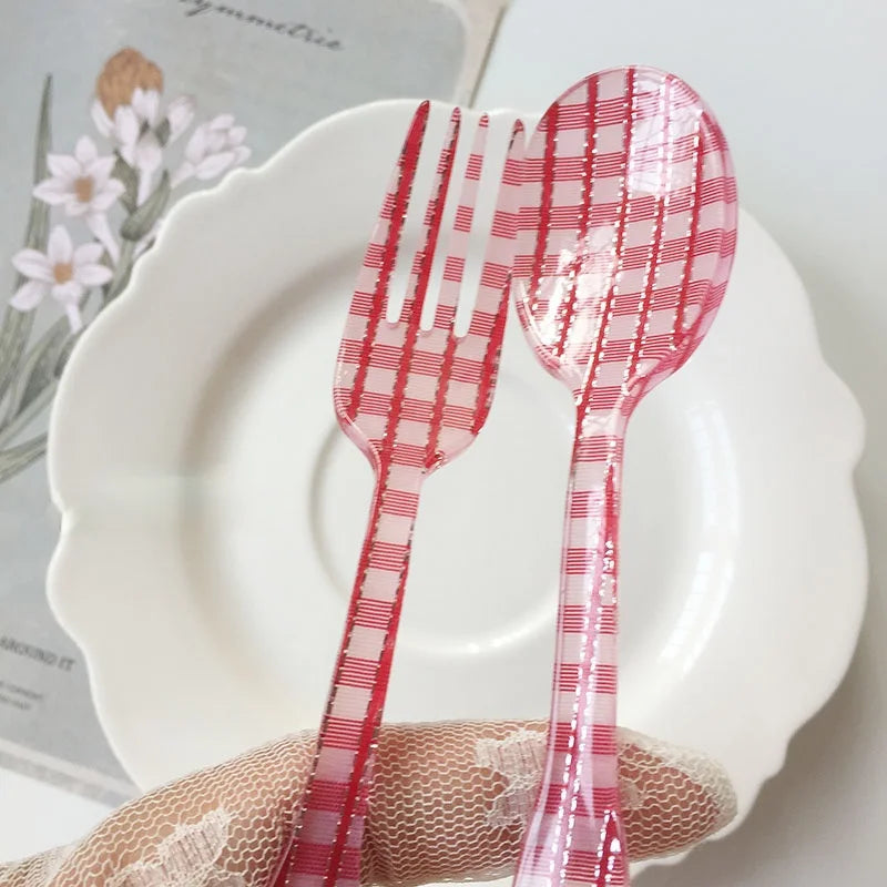 Plastic Dessert Tray Acrylic Cake Dish Grid Pattern Spork Floral Plates with Spoon & Fork