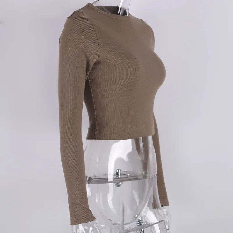 O Neck Long Sleeve Shirt Women Ribbed Sexy Cropped Tops Skinny Slim Basic