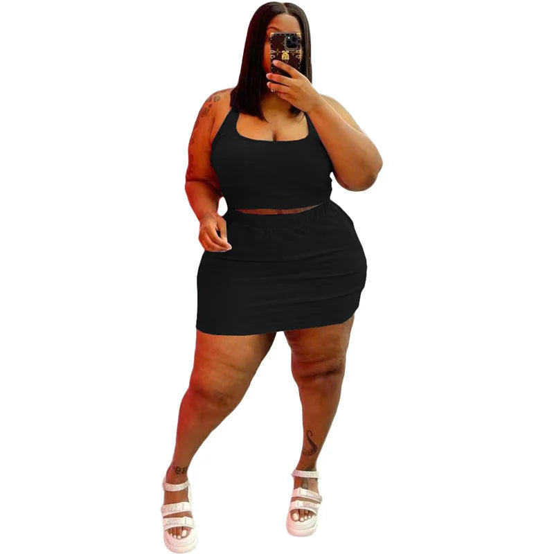 Summer Women Two Piece Outfits Dress Sets Sexy Crop Tops and Skirt Suit with Short Casual Plus Size Sets