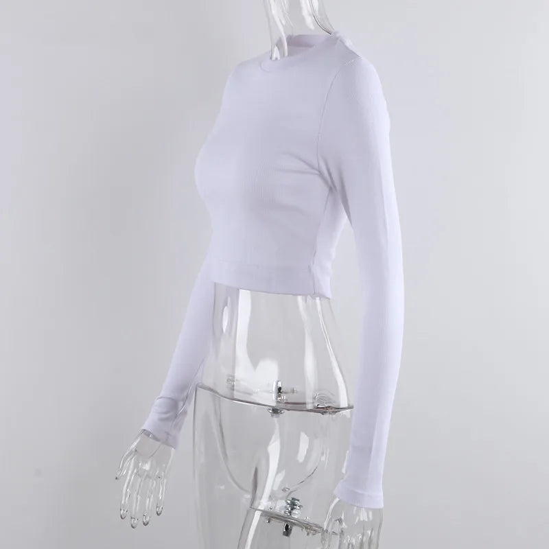 O Neck Long Sleeve Shirt Women Ribbed Sexy Cropped Tops Skinny Slim Basic