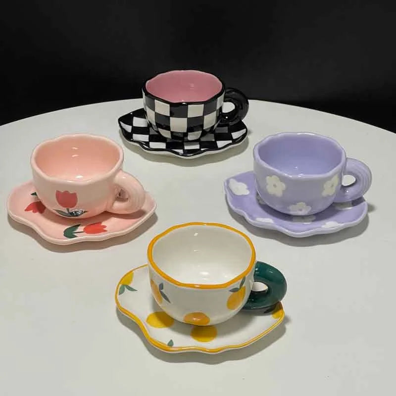 Hand Painted Tulip Orange Flower Ceramic Cups and Saucers