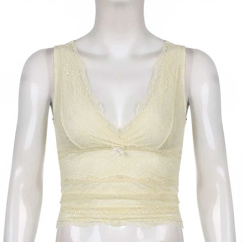 Retro Fairycore Y2K Kawaii Tank Tops Lace Patchwork V-neck Sleeveless Slim Crop Camis - Fashion 2000s Sexy Top