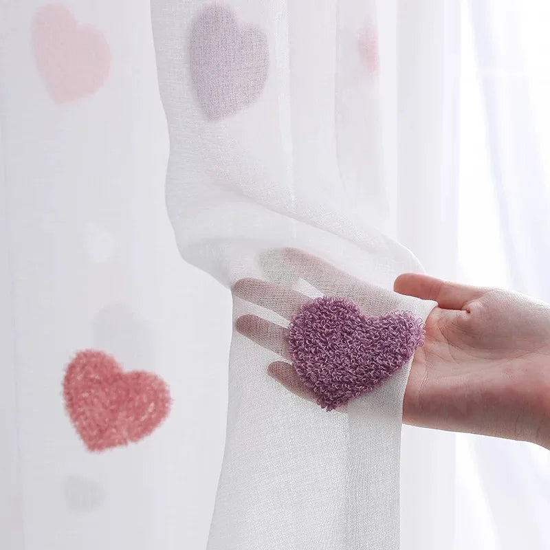 Lovely Cartoon 3D Pink Heart Embroidery Tulle For Girl Bedroom Cute Lovely Sheer Curtains Drapes