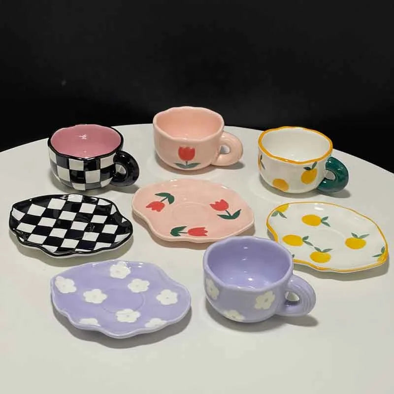 Hand Painted Tulip Orange Flower Ceramic Cups and Saucers