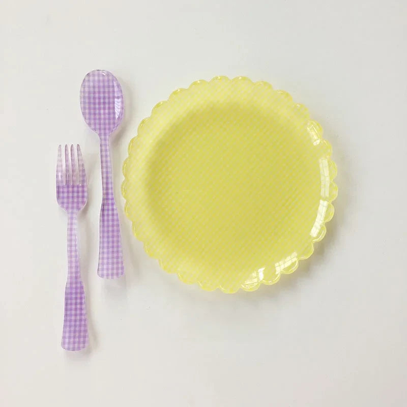 Plastic Dessert Tray Acrylic Cake Dish Grid Pattern Spork Floral Plates with Spoon & Fork