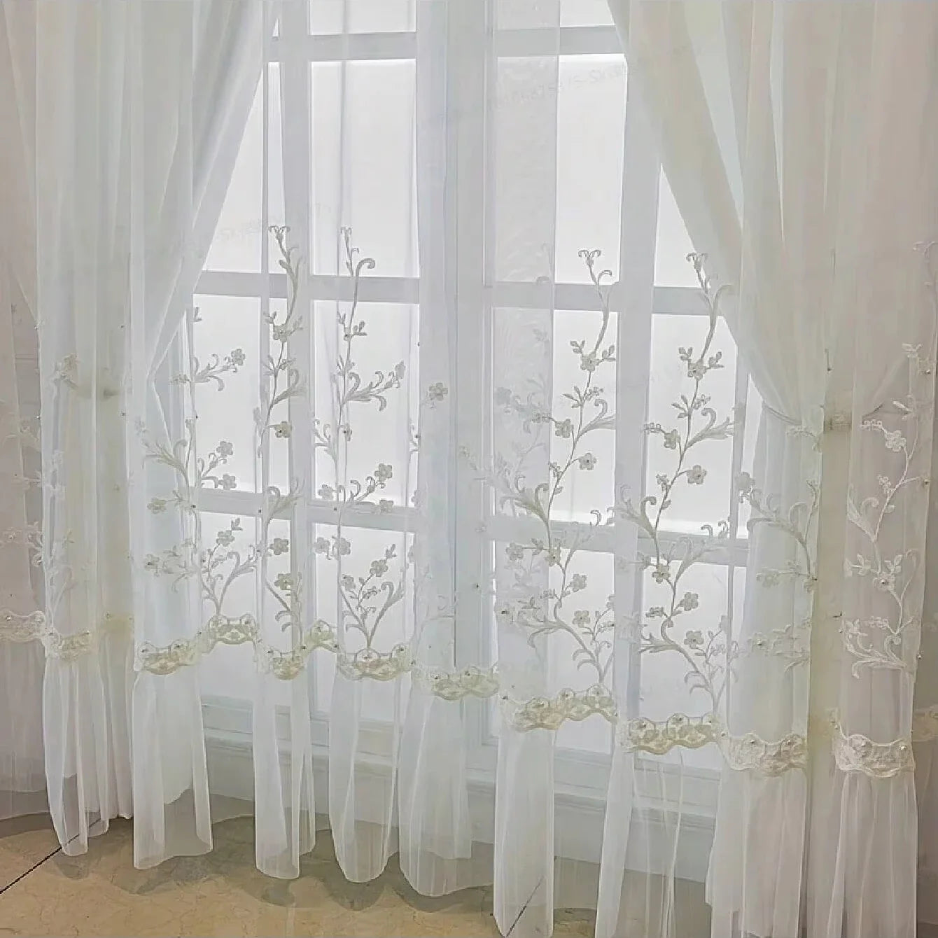 Elegant Home l French Lace Embroidered Flower Luxury Sheer Curtains
