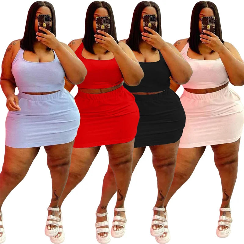 Summer Women Two Piece Outfits Dress Sets Sexy Crop Tops and Skirt Suit with Short Casual Plus Size Sets