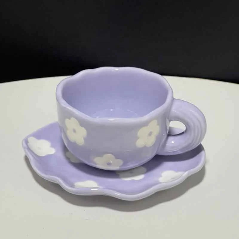 Hand Painted Tulip Orange Flower Ceramic Cups and Saucers