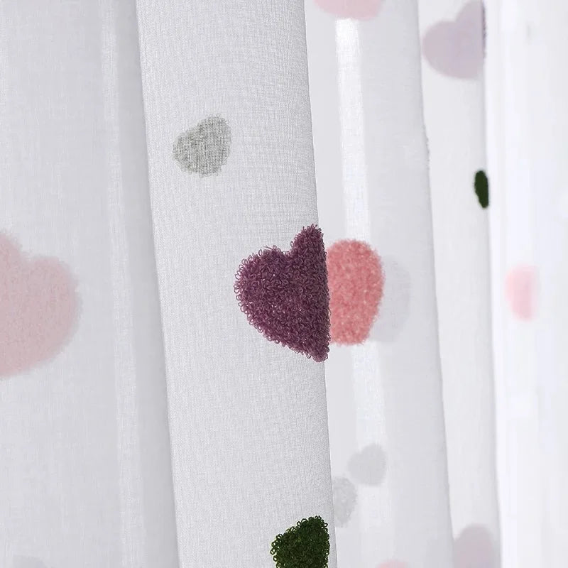 Lovely Cartoon 3D Pink Heart Embroidery Tulle For Girl Bedroom Cute Lovely Sheer Curtains Drapes