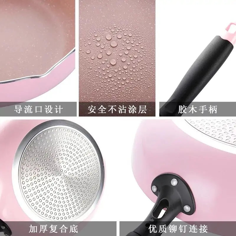 Pink Wok Non-stick Pan Fried Scoop Pan Deep Fry Non-stick Pot Cooker General Use for Gas and Induction Cooker