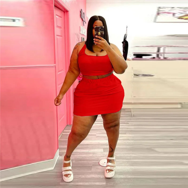Summer Women Two Piece Outfits Dress Sets Sexy Crop Tops and Skirt Suit with Short Casual Plus Size Sets