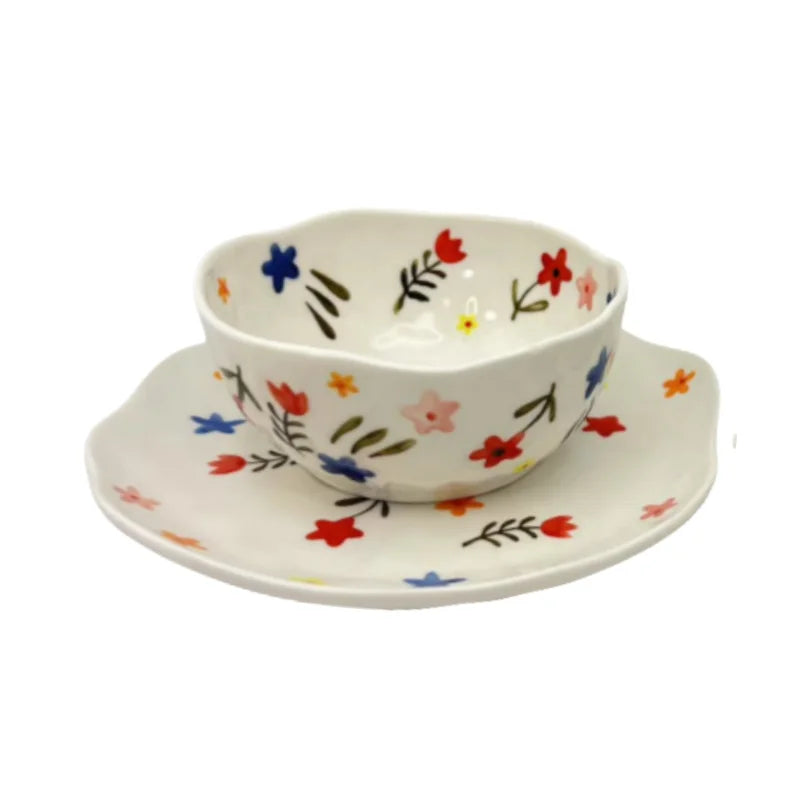Hand Painted Irregular Ceramic Plate Creative Flower Heart-Shaped Ceramic Salad Bowl Microwavable Dinnerware