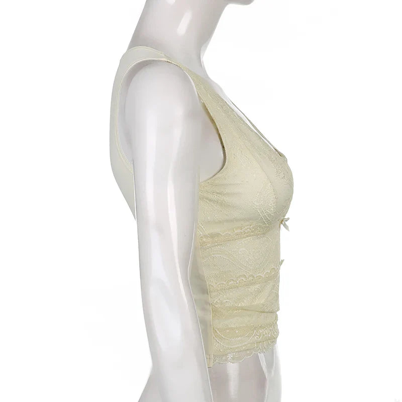 Retro Fairycore Y2K Kawaii Tank Tops Lace Patchwork V-neck Sleeveless Slim Crop Camis - Fashion 2000s Sexy Top