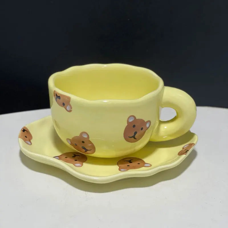 Hand Painted Tulip Orange Flower Ceramic Cups and Saucers