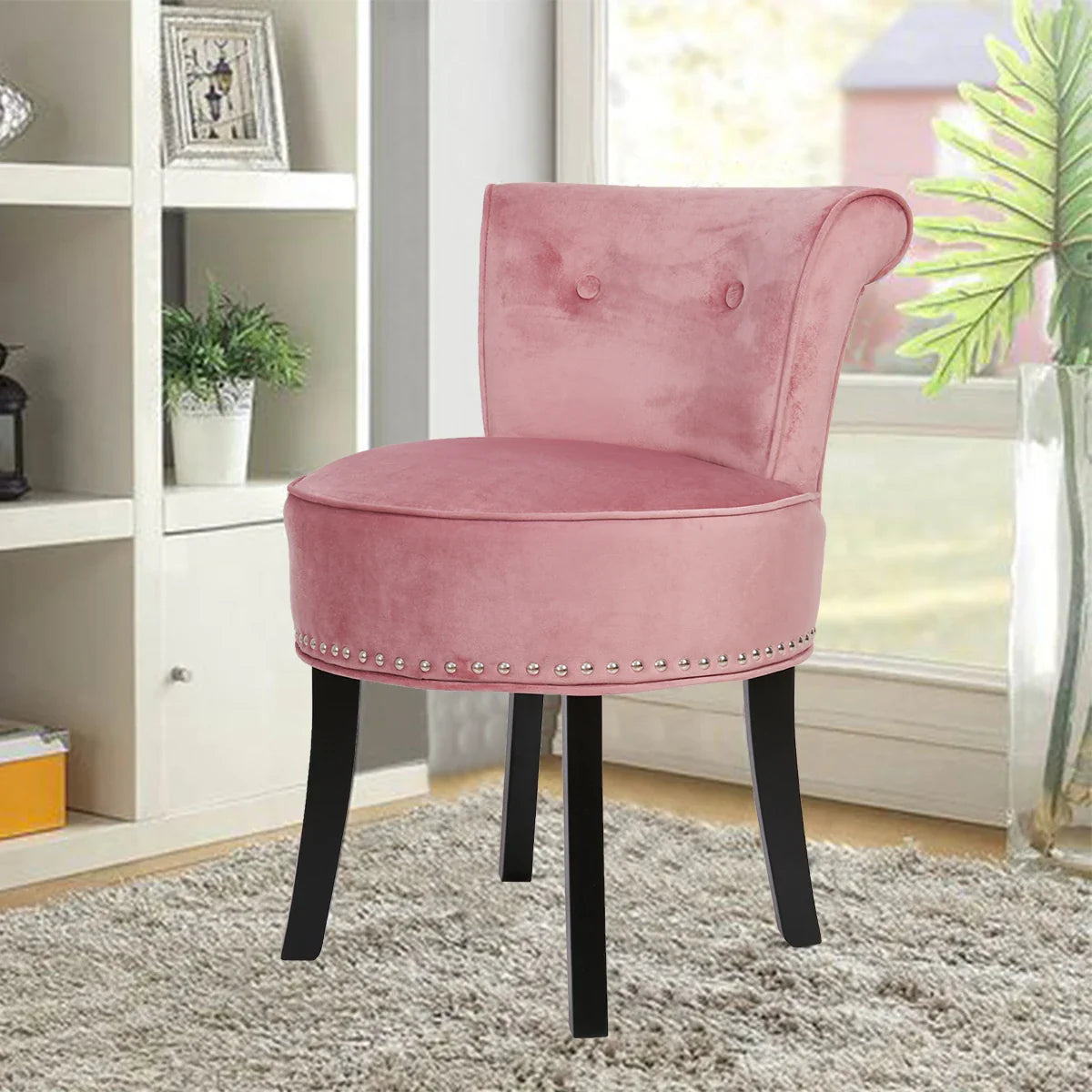 Vanity Stool Chair Makeup with Upholstered Round Velvet Padded Chair with Wood Legs