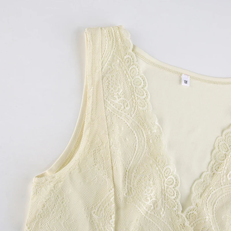 Retro Fairycore Y2K Kawaii Tank Tops Lace Patchwork V-neck Sleeveless Slim Crop Camis - Fashion 2000s Sexy Top