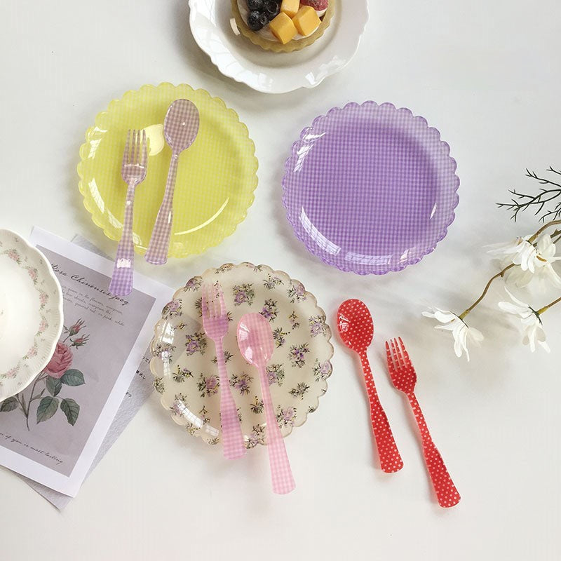 Plastic Dessert Tray Acrylic Cake Dish Grid Pattern Spork Floral Plates with Spoon & Fork