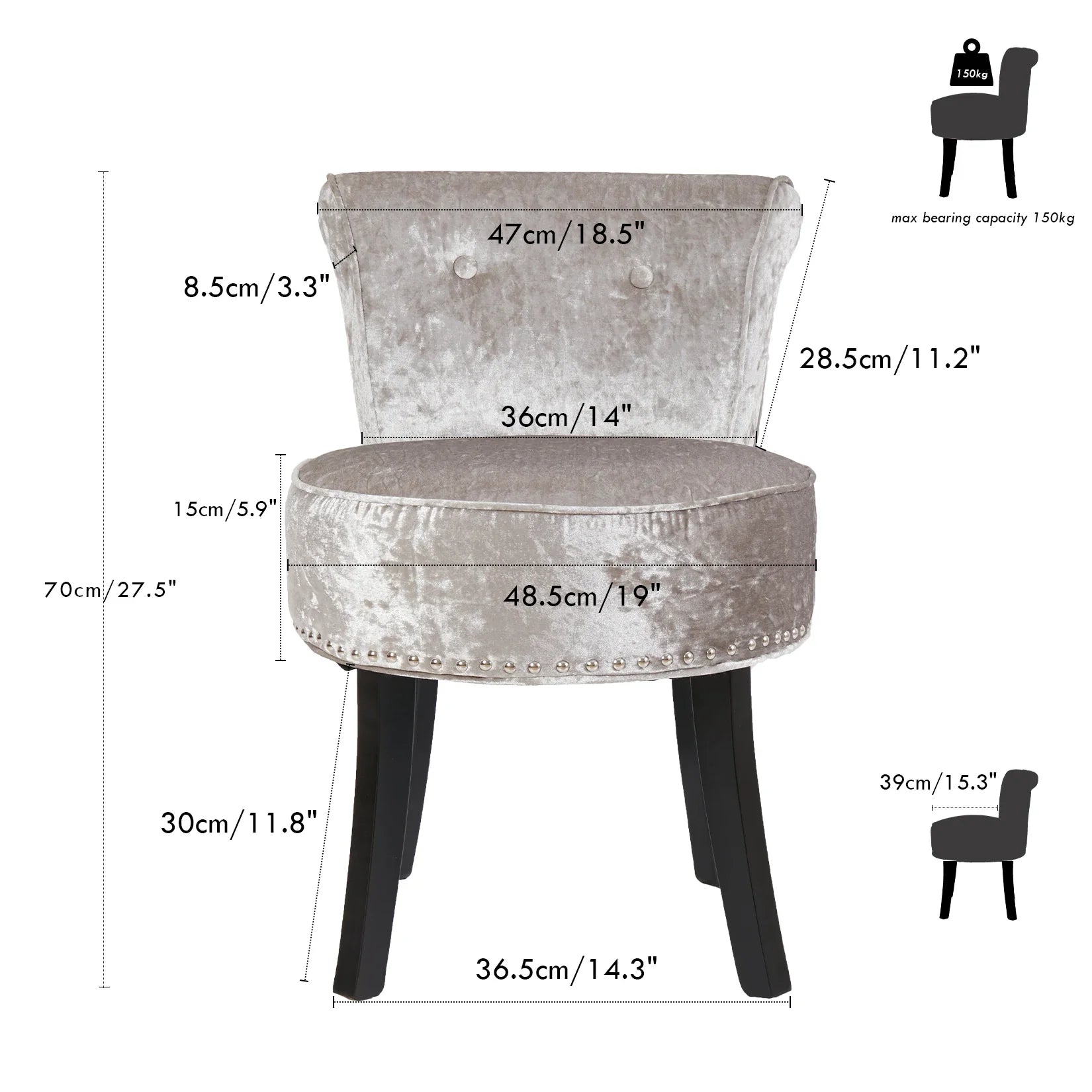 Vanity Stool Chair Makeup with Upholstered Round Velvet Padded Chair with Wood Legs