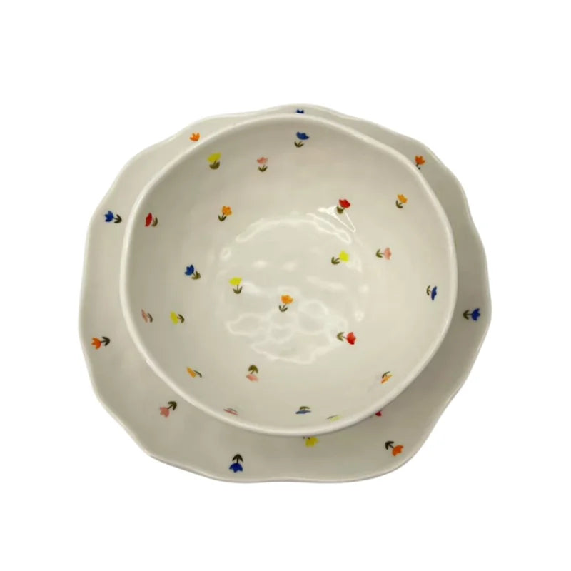 Hand Painted Irregular Ceramic Plate Creative Flower Heart-Shaped Ceramic Salad Bowl Microwavable Dinnerware
