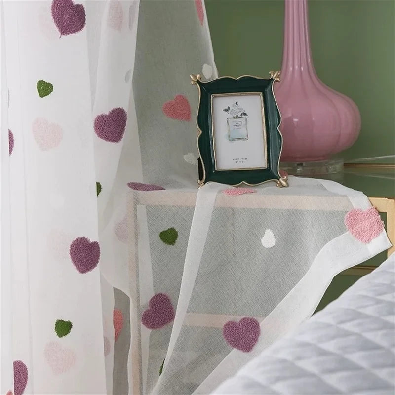 Lovely Cartoon 3D Pink Heart Embroidery Tulle For Girl Bedroom Cute Lovely Sheer Curtains Drapes