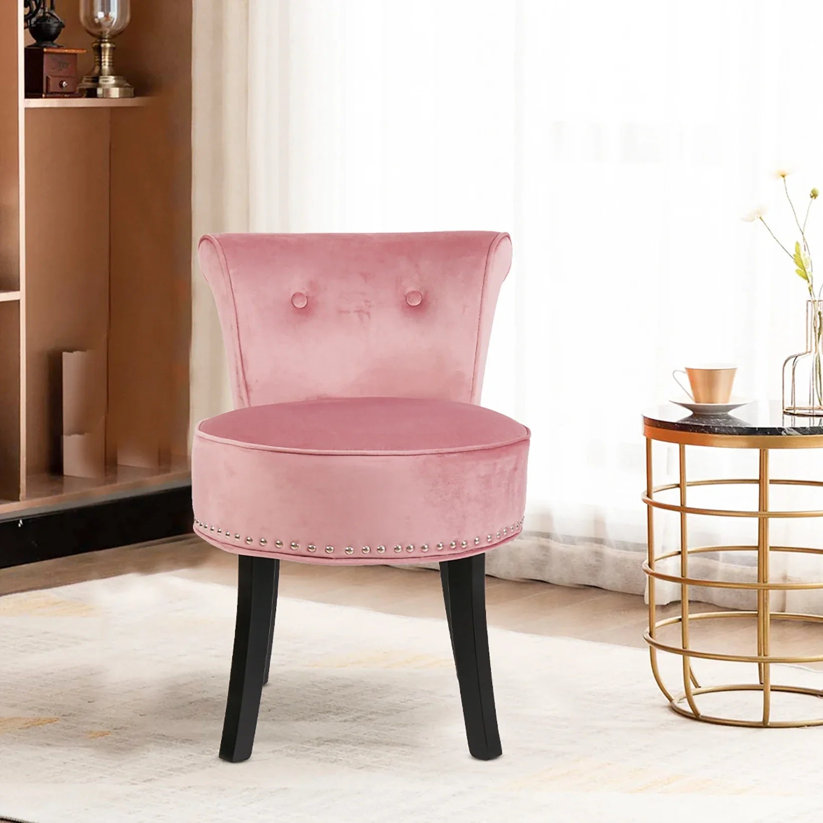 Vanity Stool Chair Makeup with Upholstered Round Velvet Padded Chair with Wood Legs