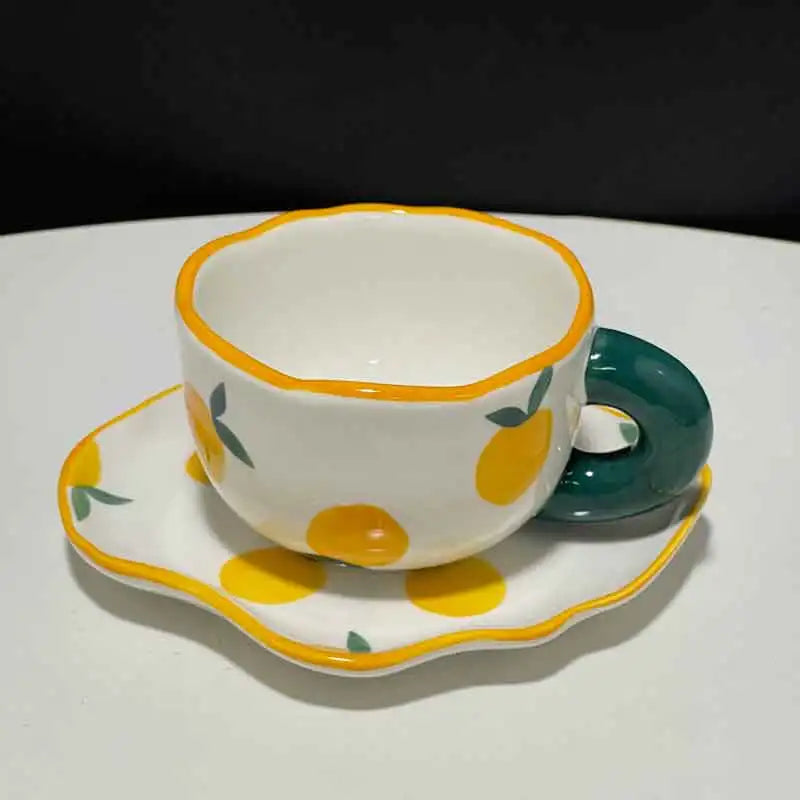 Hand Painted Tulip Orange Flower Ceramic Cups and Saucers