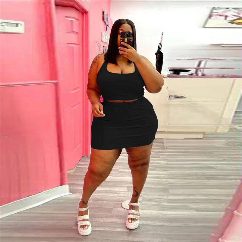 Summer Women Two Piece Outfits Dress Sets Sexy Crop Tops and Skirt Suit with Short Casual Plus Size Sets