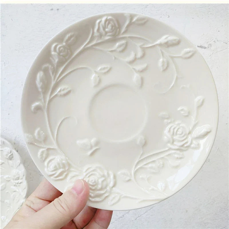 Three-Dimensional Rose Light Yellow Cup and Plate Set