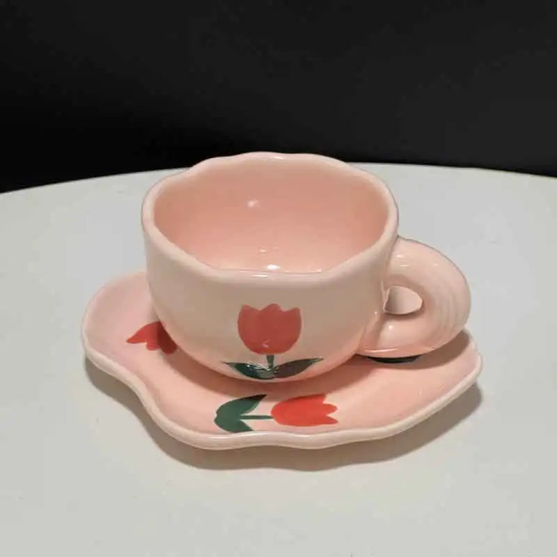 Hand Painted Tulip Orange Flower Ceramic Cups and Saucers
