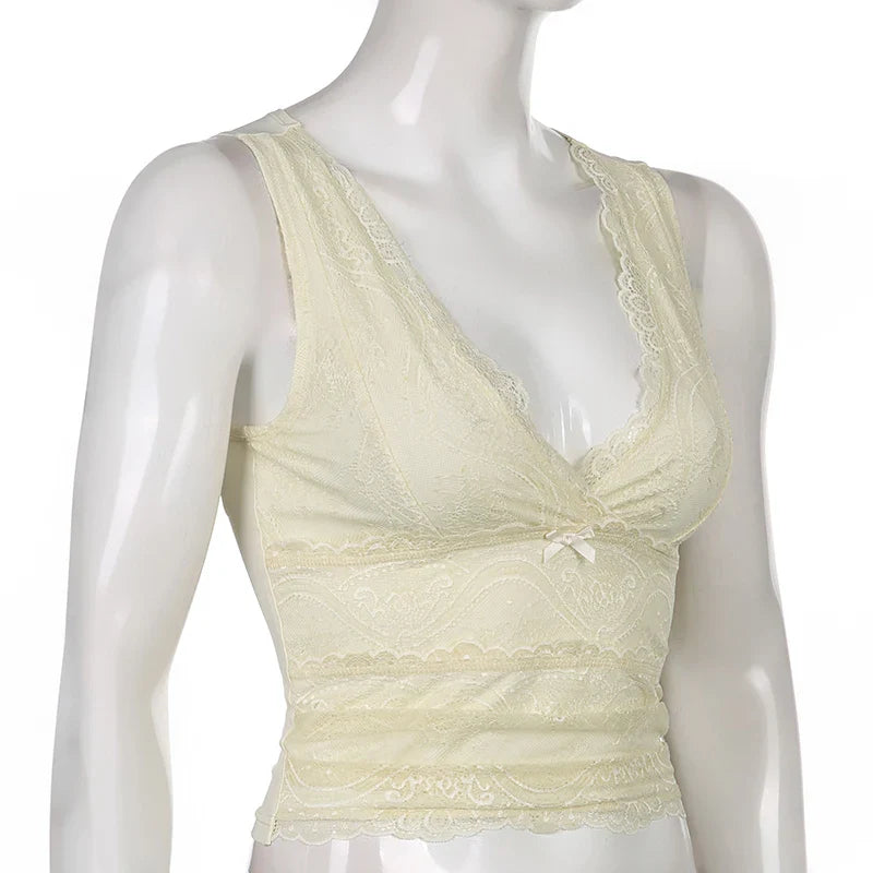 Retro Fairycore Y2K Kawaii Tank Tops Lace Patchwork V-neck Sleeveless Slim Crop Camis - Fashion 2000s Sexy Top