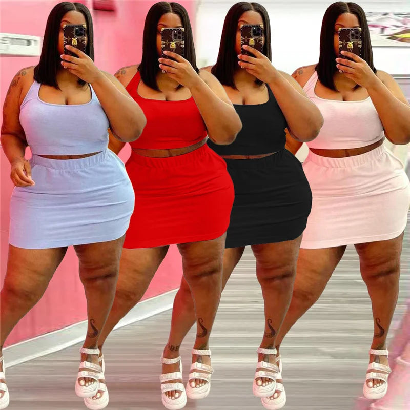 Summer Women Two Piece Outfits Dress Sets Sexy Crop Tops and Skirt Suit with Short Casual Plus Size Sets