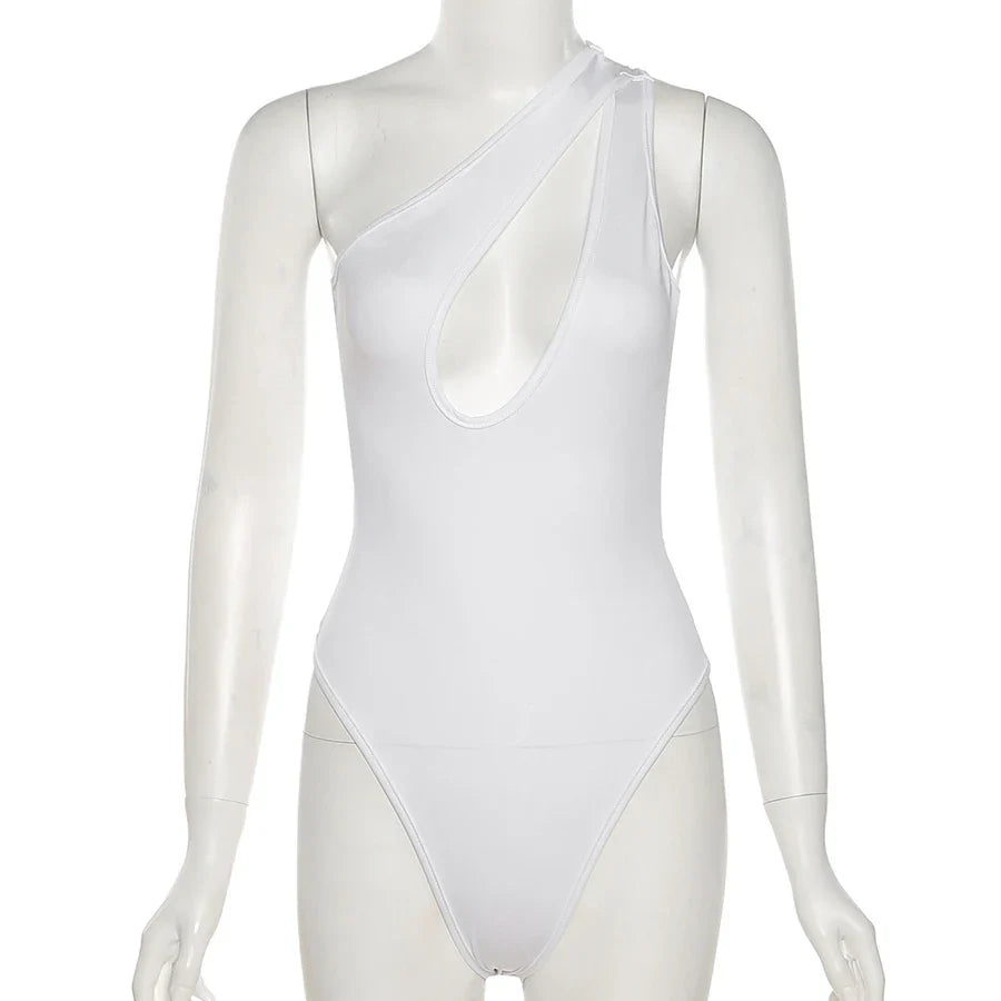 Sexy One Shoulder Bodycon Black Bodysuits Women Cut Out Ladies Summer Overalls Tops Body Bodysuit Femme Woman Clothes