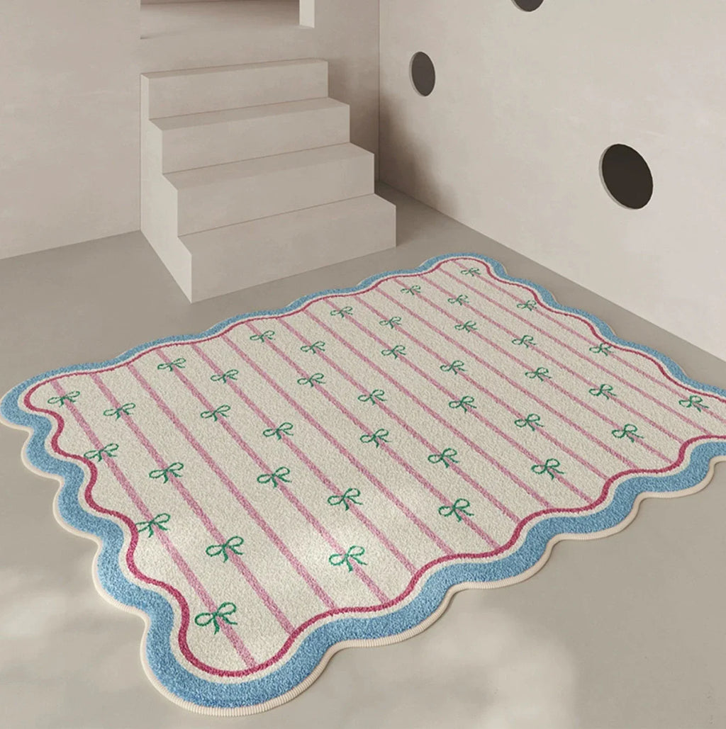 Cute Checkered Bow Imprint Anti-Slip Cashmere Carpet Bedside Mat Includes Set