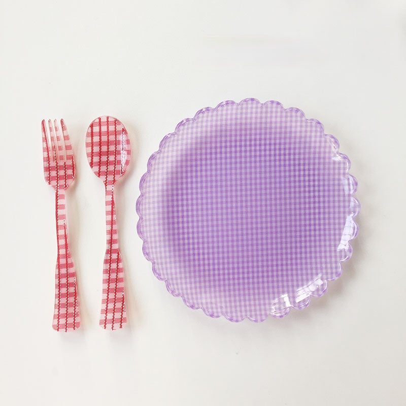 Plastic Dessert Tray Acrylic Cake Dish Grid Pattern Spork Floral Plates with Spoon & Fork