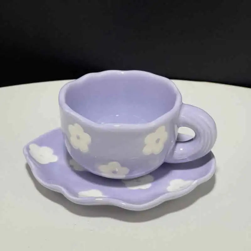 Hand Painted Tulip Orange Flower Ceramic Cups and Saucers