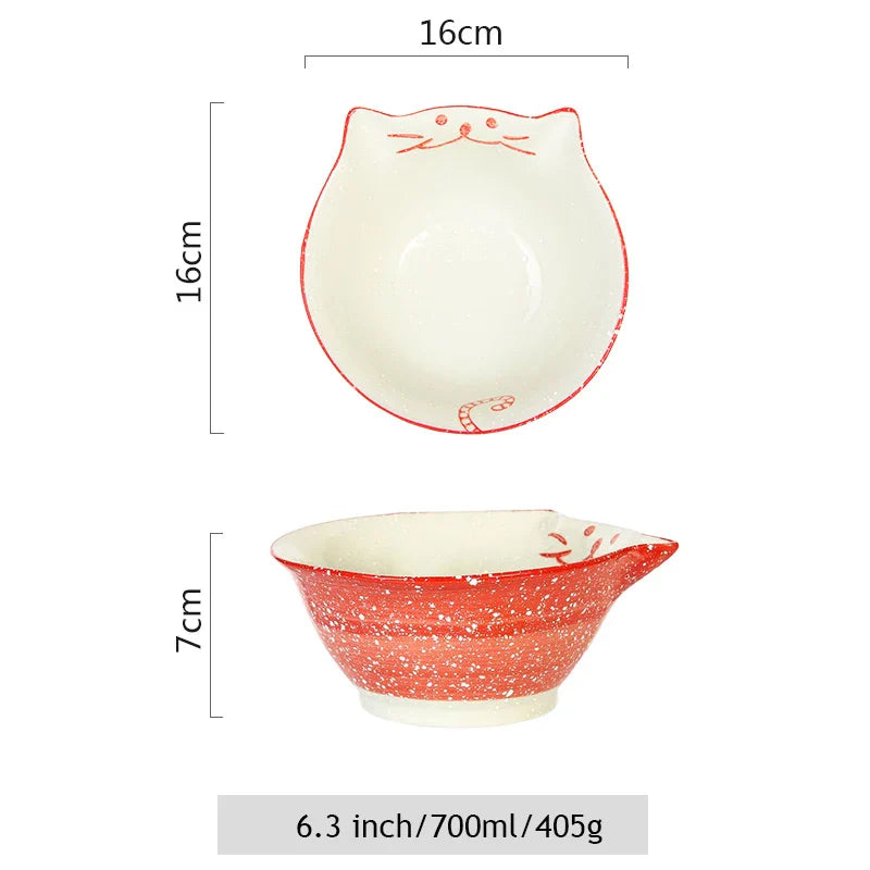 Cartoon Cat Bowl Ceramic Noodle Ramen Bowl Blue Red Kitty Bowl 6.3 inch